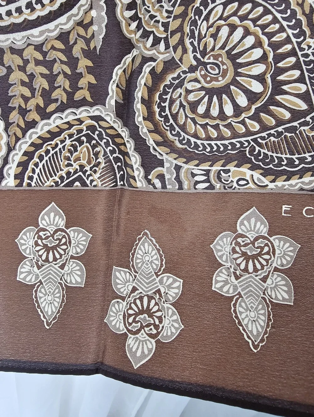 Echo 100% Silk Square Scarf Brown Tan Floral Paisley Boho Neck Hair Bag